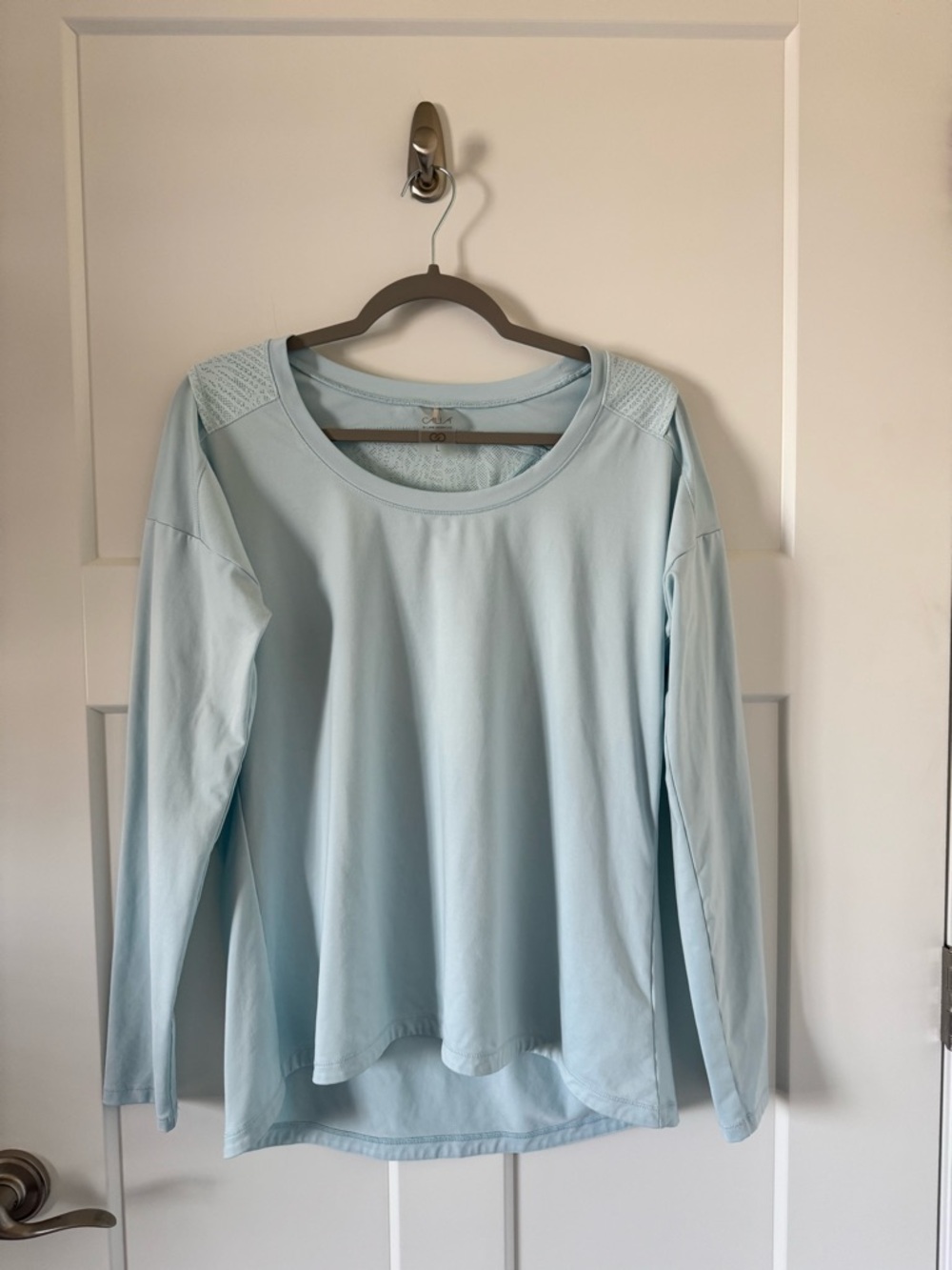 CALIA by Carrie Underwood Light Blue Long Sleeve Mesh Lace Racerback Top Size L